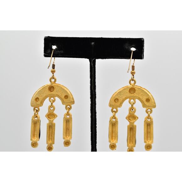 Vintage Dangle Earrings Brushed Gold Black Enamel Heavy Chunky NOS 1980s BinZ - Picture 10 of 12